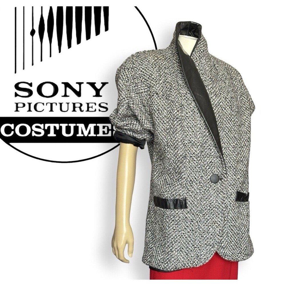 Tweed Leather Trim Checkered Jacket Sony Pictures Coat Vintage 1980s Avant-Garde